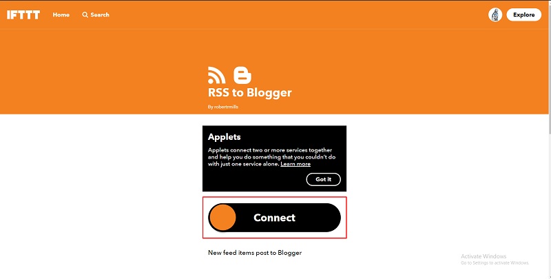 giao diện công thức IFTTT từ RSS => Blogger