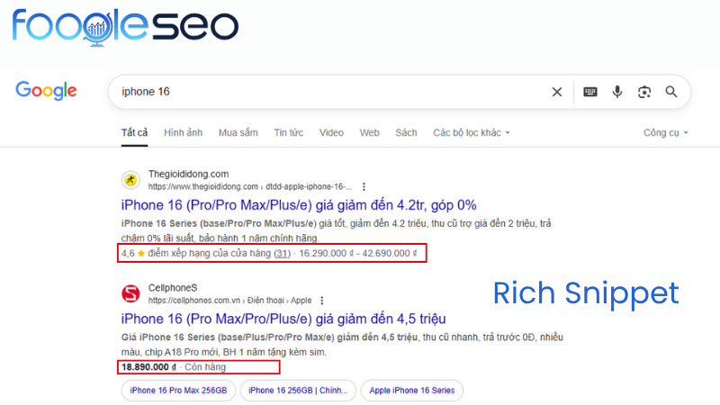 Rich Snippets là những đoạn thông tin mở rộng mà Google trích xuất từ nội dung trang web để hiển thị nổi bật trên trang kết quả tìm kiếm