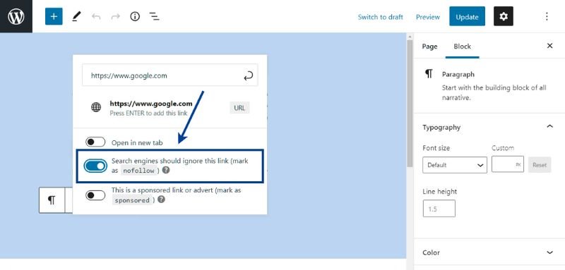 Thêm link nofollow với trình soạn thảo gutenberg