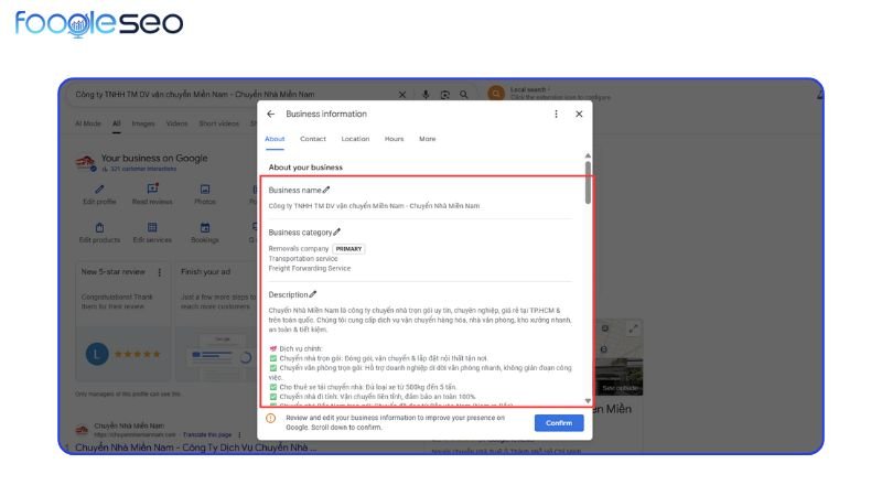 điền đầy đủ thông tin trong Google Business Profile