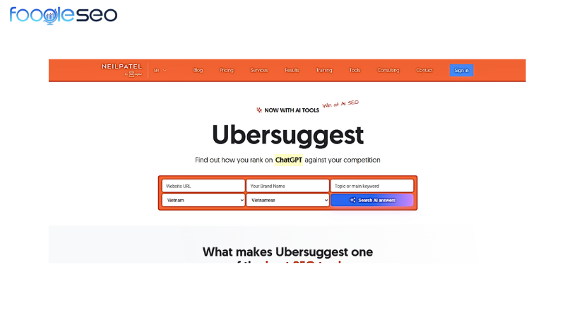 Giao diện trnag chủ Ubersuggest