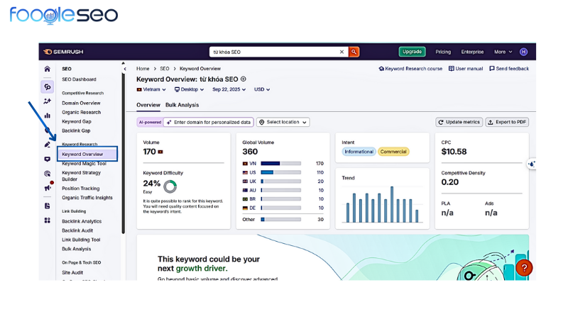 Tính năng keyword overview trong semrush