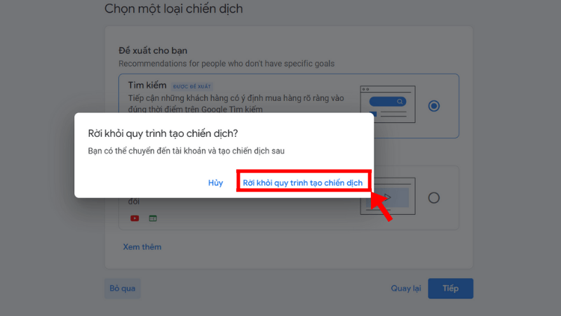 Nhấn rời khỏi quy trình tạo chiến dịch