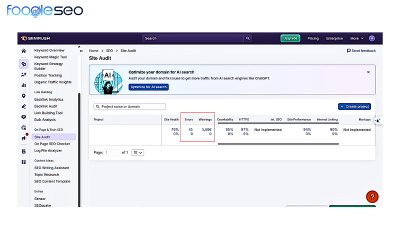 Tính năng Site audit trong semrush