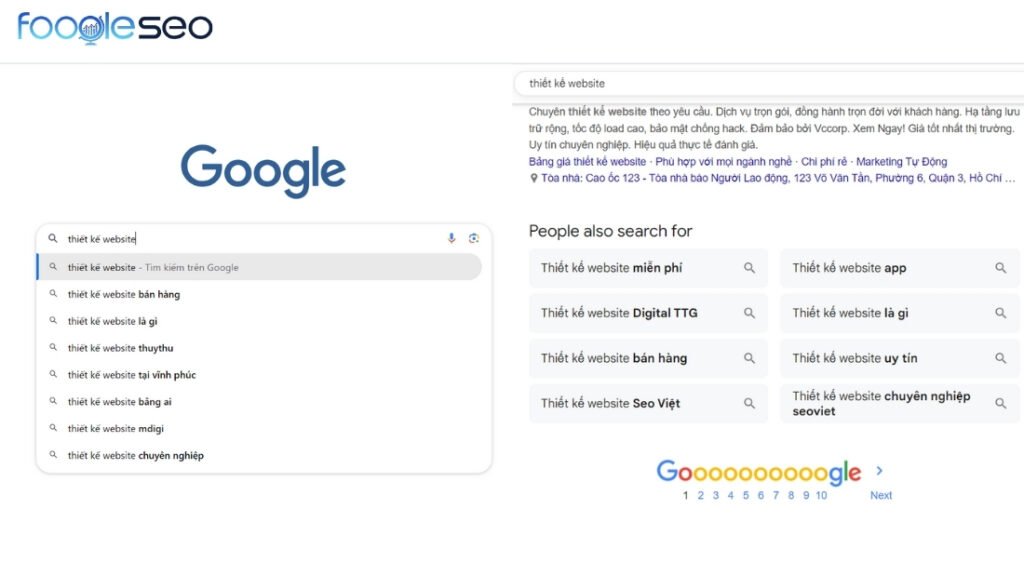 Tìm kiếm từ khóa thiết kế website để xem kết quả đề xuất google suggest