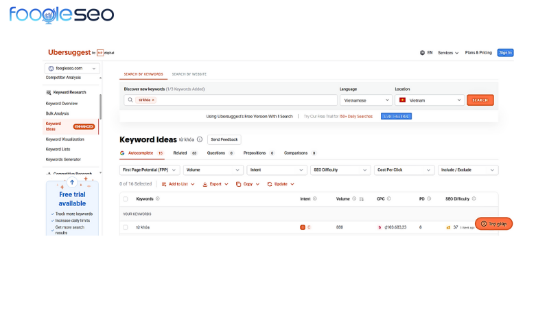 Tính năng keywords ideas của Ubersuggest