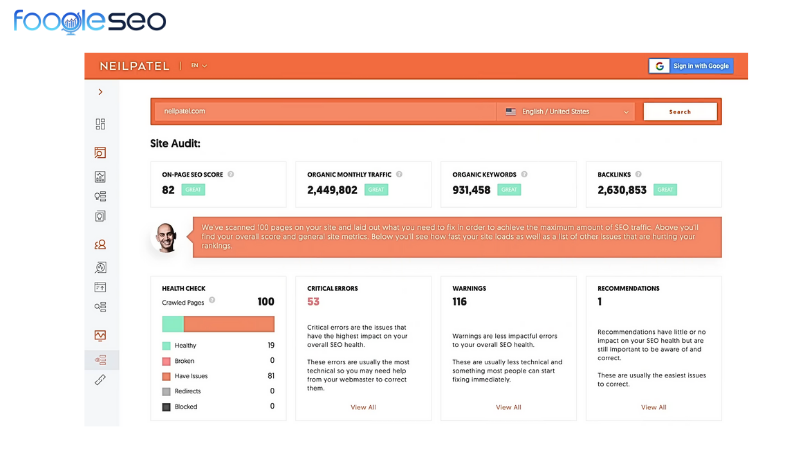 Tính năng Site audit của Ubersuggest