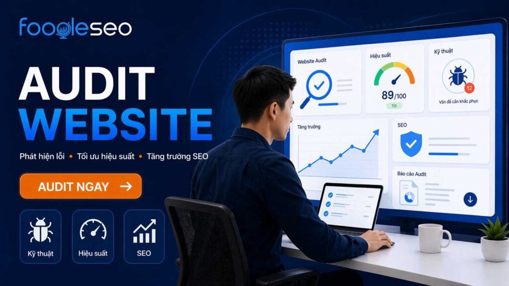 Hình minh họa quá trình audit website với dashboard phân tích lỗi kỹ thuật, hiệu suất và các chỉ số SEO