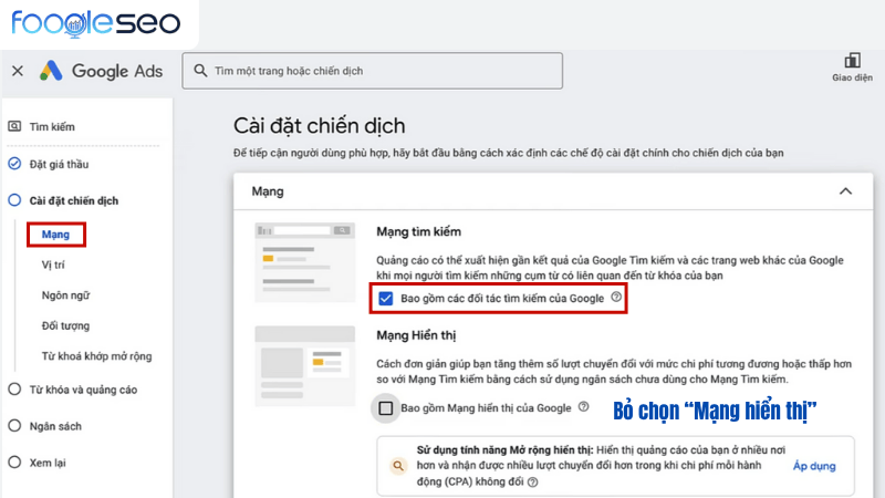 Cài đặt mạng cho chiến dịch Google Ads