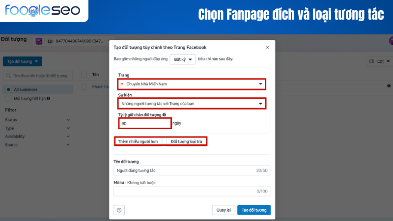 Chọn fanpage đích và loại tương tác