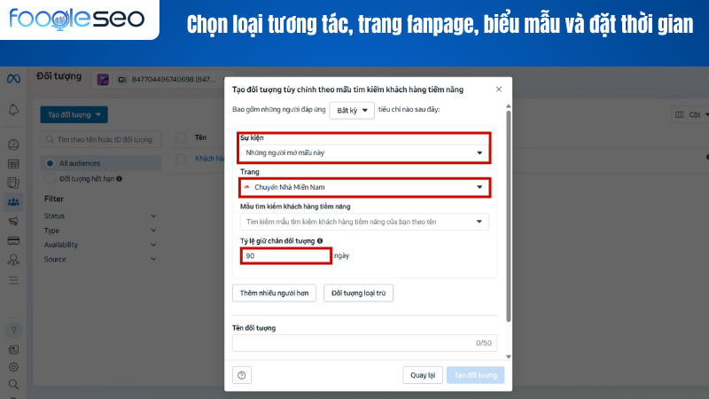 Chọn loại tương tác, trang fanpage, biểu mẫu và đặt thời gian