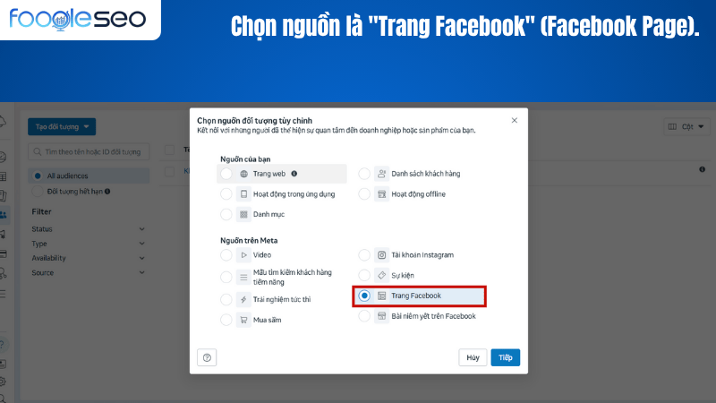 Chọn nguồn là trang Facebook