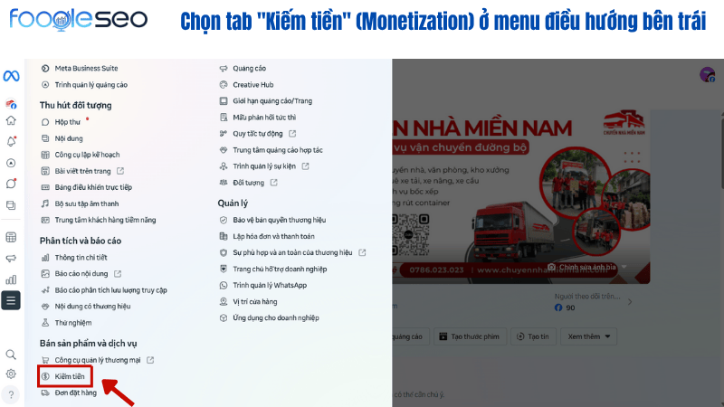 Chọn tab "Kiếm tiền" (Monetization) ở menu điều hướng bên trái
