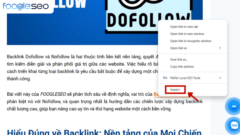 Click chuột phải chọn inspect và xem thuộc tính a để kiểm tra có phải backlink nofollow hay không