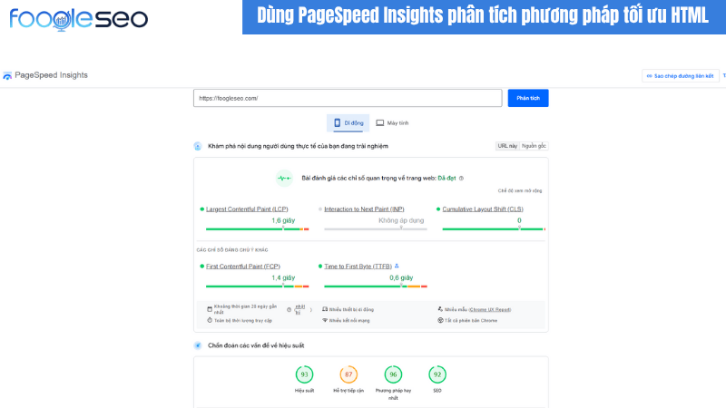 Dùng Google PageSpeed Insights để phân tích và đề xuất phương pháp tối ưu HTML