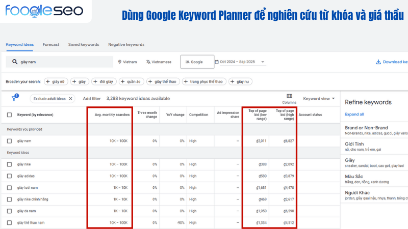 Dùng keyword planner để ước tính lưu lượng tìm kiếm và giá thầu