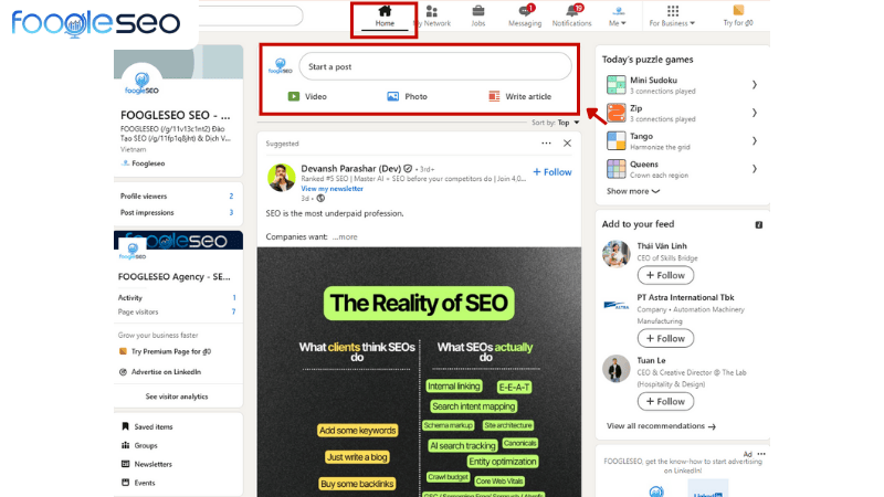 Khởi tạo bài viết từ trang feed và nhấn chọn write article để bắt đầu một bài đăng
