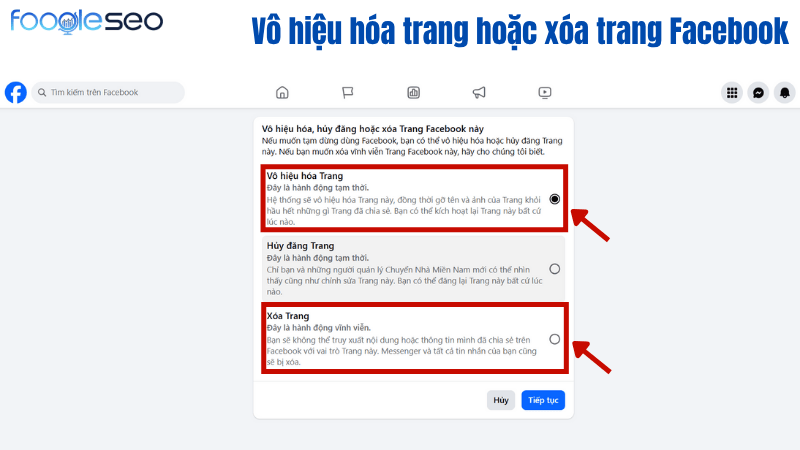 Lựa chọn vô hiệu hóa trang hoặc xóa trang Facebook