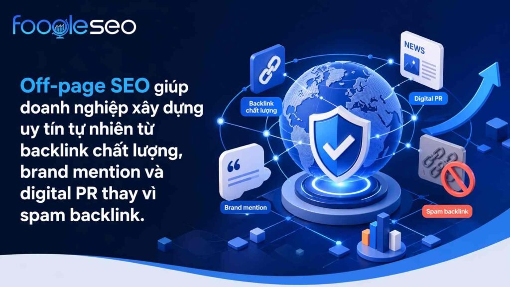 Mô hình off-page SEO thể hiện việc xây dựng uy tín website thông qua backlink chất lượng, brand mention và digital PR