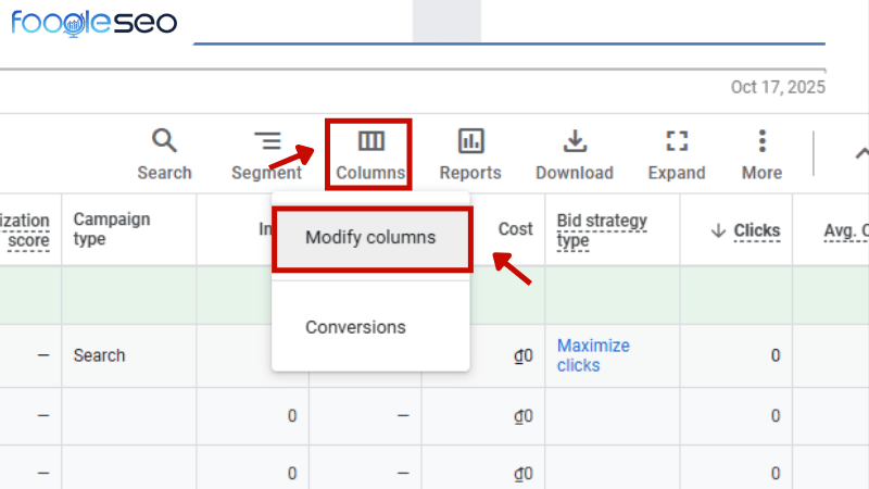 Mở trình chỉnh sửa cột modify columns