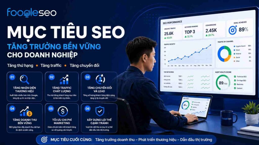 minh họa mục tiêu SEO giúp doanh nghiệp tăng trưởng bền vững, cải thiện thứ hạng từ khóa, tăng traffic tự nhiên và nâng cao chuyển đổi qua dashboard hiệu suất SEO.