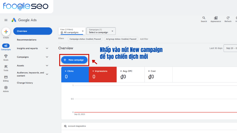 Nhấn nút new campaign để tạo một chiến dịch mới