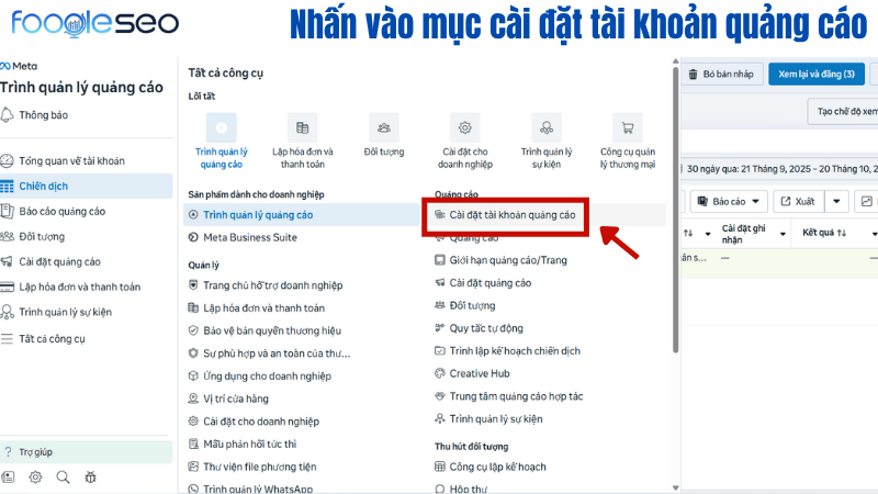 Nhấn vào mục cài đặt tài khoản quảng cáo