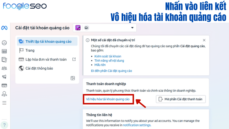 Nhấp vào liên kết vô hiệu hóa tài khoản quảng cáo