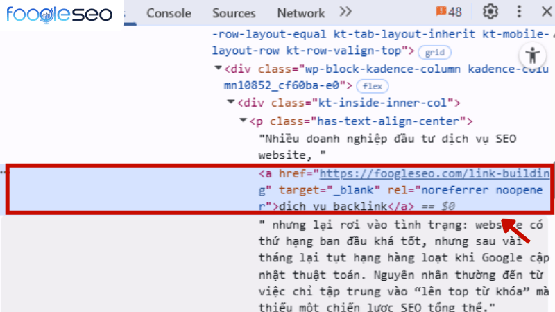 Quan sát thẻ a nếu rel nofollow là backlink nofollow