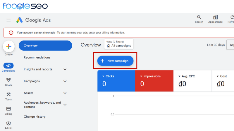 Tạo một chiến dịch Google Ads mới, nhấn chọn new campaign