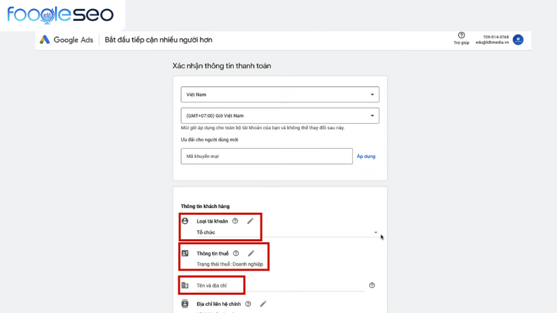 Thiết lập các thông tin khách hàng trong tài khoản Google Ads