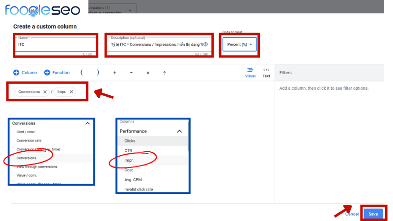 Thiết lập công thức ITC trong phần Custom Columns