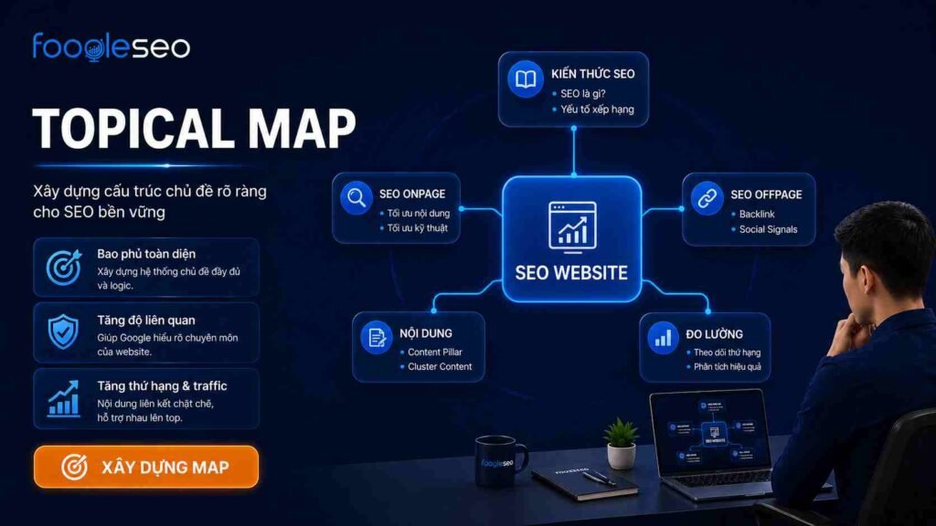 Banner minh họa topical map giúp website xây dựng cấu trúc chủ đề rõ ràng, liên kết nội dung theo cụm để tăng độ bao phủ ngữ nghĩa và hỗ trợ SEO bền vững.