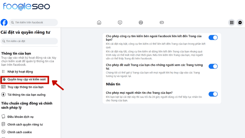 Trong phần cài đặt nhấn chọn quyền truy cập và kiểm soát