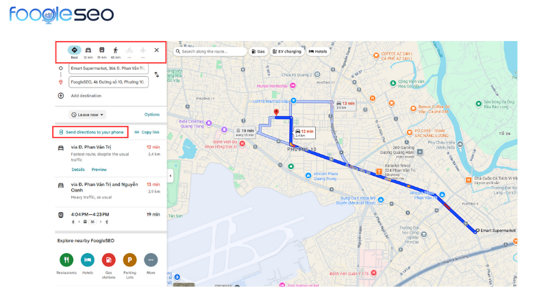 Lựa chọn phương tiện và gửi chỉ hướng cho điện thoại