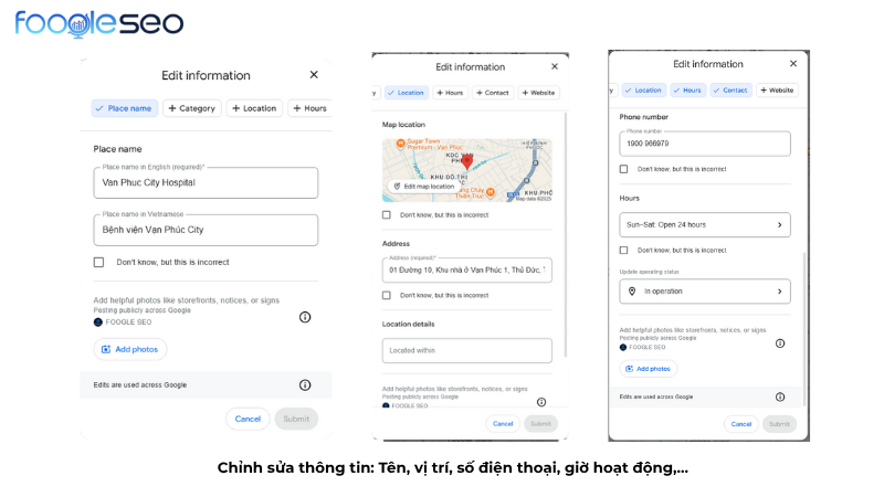 Thông tin có thể chỉnh sửa trên google maps