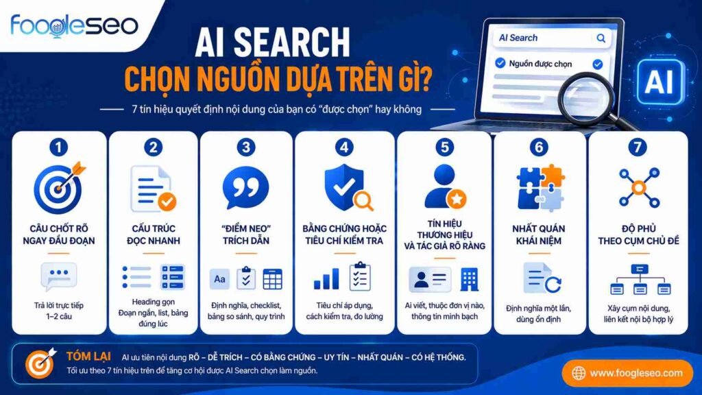 7 tín hiệu giúp AI Search chọn nguồn, gồm câu chốt rõ, cấu trúc đọc nhanh, điểm neo trích dẫn, bằng chứng kiểm tra, tín hiệu thương hiệu, nhất quán khái niệm và độ phủ theo cụm chủ đề.