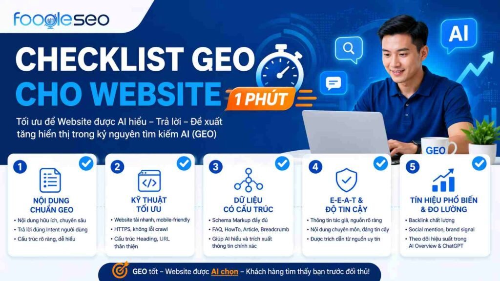 Checklist GEO cho website trong 1 phút giúp kiểm tra nội dung, kỹ thuật, dữ liệu có cấu trúc, độ tin cậy và tín hiệu đo lường để tăng khả năng được AI hiểu và đề xuất.