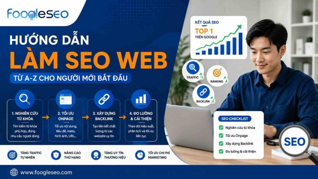 Hình minh họa hướng dẫn làm SEO web giúp website tăng thứ hạng Google bằng nghiên cứu từ khóa, tối ưu onpage, xây dựng backlink và đo lường hiệu quả.