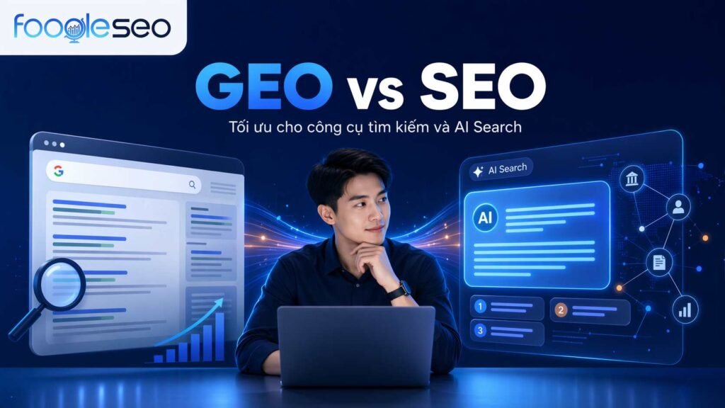 GEO vs SEO, cho thấy sự khác nhau giữa tối ưu website cho công cụ tìm kiếm truyền thống và tối ưu nội dung để AI Search hiểu, chọn nguồn và hiển thị câu trả lời.