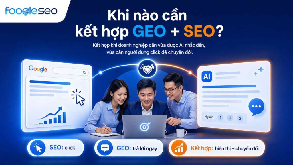 Hình ảnh minh họa thời điểm doanh nghiệp cần kết hợp GEO và SEO để vừa xuất hiện trong câu trả lời AI, vừa tăng traffic và chuyển đổi từ Google Search.