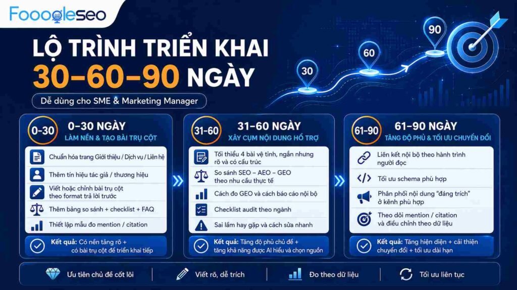 lộ trình triển khai GEO trong 30-60-90 ngày cho SME và Marketing Manager