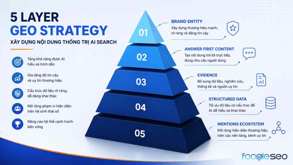 mô hình 5 tầng chiến lược GEO gồm brand entity, answer first content, evidence, structured data và mentions ecosystem để tăng khả năng hiển thị trên AI Search