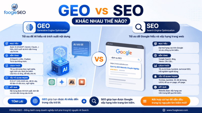 So sánh GEO và SEO bằng infographic trực quan trong chiến lược tối ưu tìm kiếm AI và Google