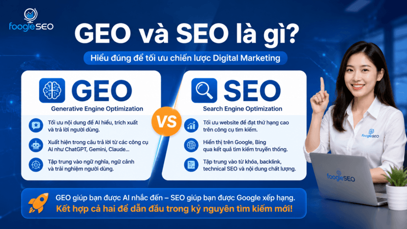 GEO là tối ưu nội dung để AI hiểu
SEO là tối ưu website để đạt thứ hạng cao trên công cụ tìm kiếm