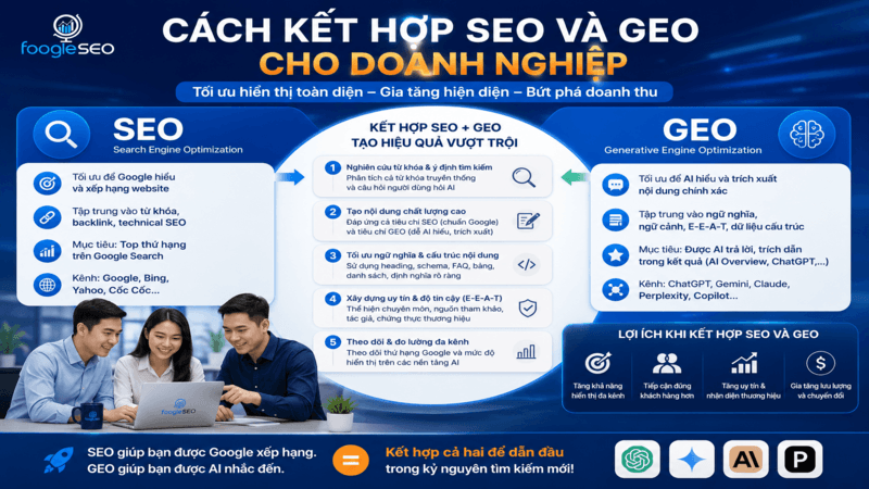 Cách kết hợp SEO và GEO cho doanh nghiệp nhằm tối ưu khả năng hiển thị trên Google Search và các nền tảng AI như ChatGPT, Gemini, Claude, Copilot