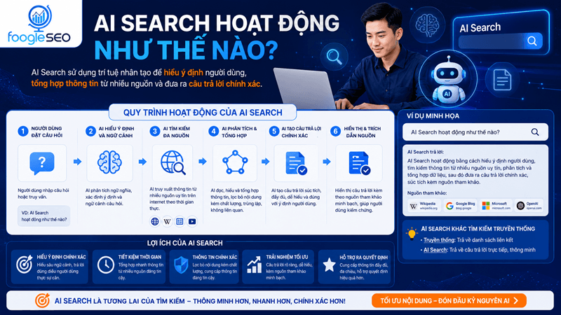 Hình AI Search thường xử lý truy vấn qua nhiều lớp: hiểu ý định tìm kiếm, mở rộng câu hỏi phụ, truy xuất tài liệu, phân tích nguồn, tổng hợp câu trả lời và hiển thị thông tin tham khảo