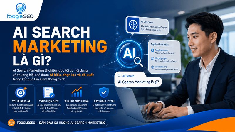 Hình mô tả AI Search Marketing là chiến lược xây dựng sự hiện diện thương hiệu trên các nền tảng tìm kiếm dùng AI