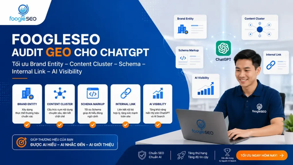 FOOGLESEO audit GEO cho ChatGPT qua brand entity, content cluster, schema, internal link và AI visibility