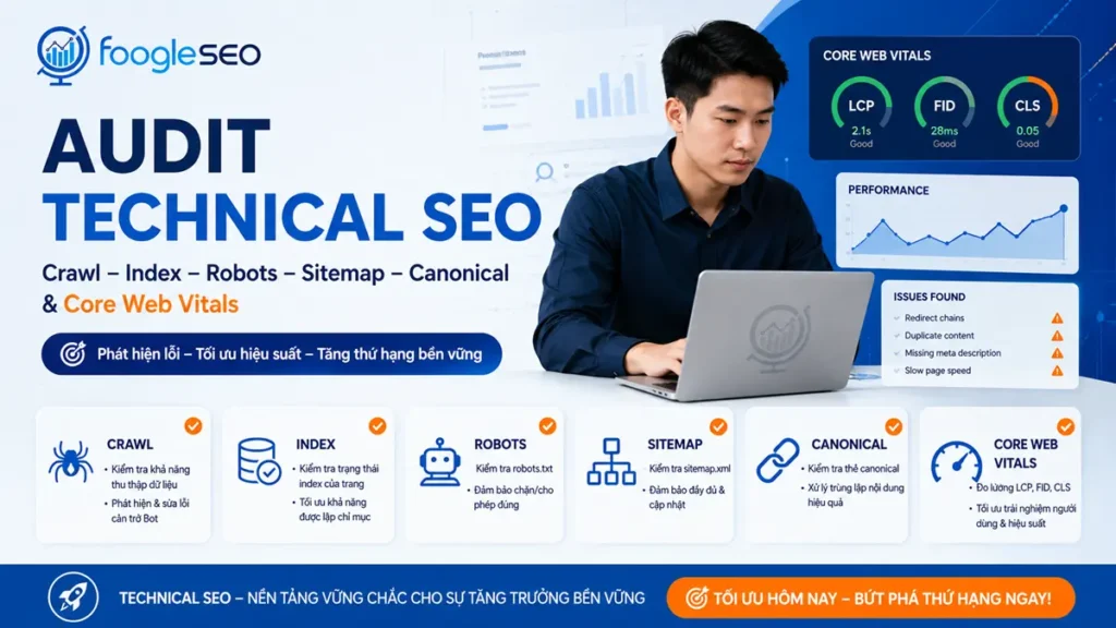 Checklist audit technical SEO gồm crawl index robots sitemap canonical và Core Web Vitals
